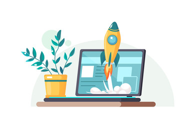 Start up. Concept for new business project, launching product or service with symbols. Laptop on the table with a flower pot. Vector illustration.