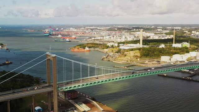 Aerial view of the Gutenberg Bridge (a suspension bridge)  in summer in Sweden.