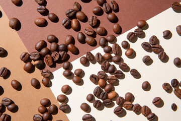 Coffee beans viewed from above on a background of different colors