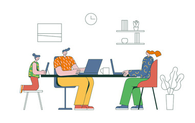 Family work at home. Mom, father and daughter at table. Woman, man working with laptop on network,girl looking at tablet. Freelance, making money. Vector illustration in flat style