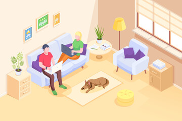 Online work and home office, couple freelancers working with laptops sitting on sofa, vector isometric illustration. Young man and woman couple working from home with computers in room