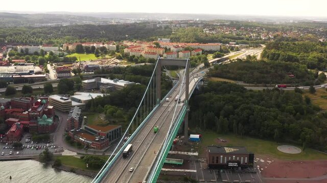 Aerial view of the Gutenberg Bridge (a suspension bridge)  in summer in Sweden.