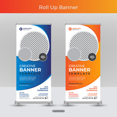 Roll-up banner, modern abstract design for advertising information, business concept stand for conference, seminar with stylish background vector