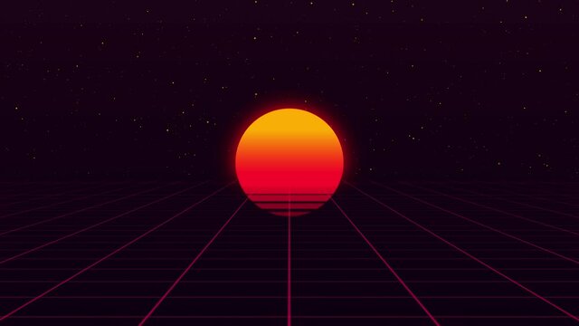 Retro futuristic video animation with sunset on purple grid and moving space sky with stars. Vintage background from 80s. Backdrop with gradient yellow and orange sun in space. Video game concept.