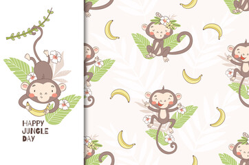 Cute monkey baby with backdrop. Swinging on vines and holding banana. Jungle animal character. Kids card template and seamless background pattern. Hand drawn cartoon style fabric surface design.