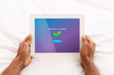 E-Banking. Black Man Holding Digital Tablet With Transaction Completed Notification On Screen