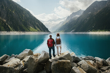 Fototapeta na wymiar Travelers couple look at the mountain lake. People with a backpack travel. Adventure and travel in the mountains region. Zillertal Alps, Austria.