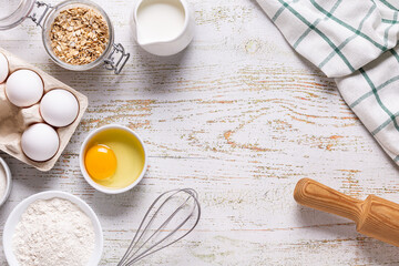 Ingredients for baking  - flour, eggs, salt, sugar, milk.