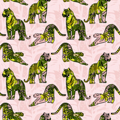 Vector seamless pattern with tigers. Trendy style.