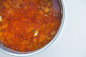Fresh red borsch. full pan of delicious red borsch. Close-up