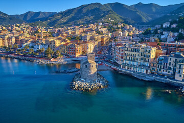 Panoramic aerial view of the bay of the tourist city of Rapallo, Genoa, Italy. Boat parking,...