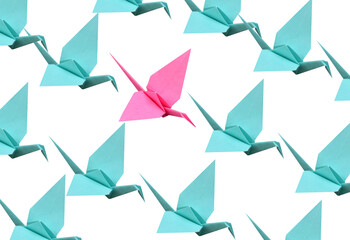 An origami bird pattern with pink crane paper