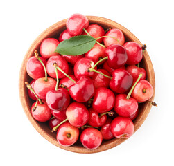 Sweet cherry in a plate on a white background, isolated. The view from top