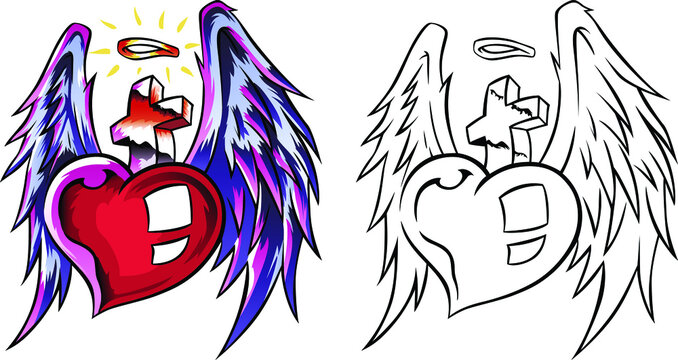 Angel wings, fiery heart and cross. Vector illustration in tatto style.