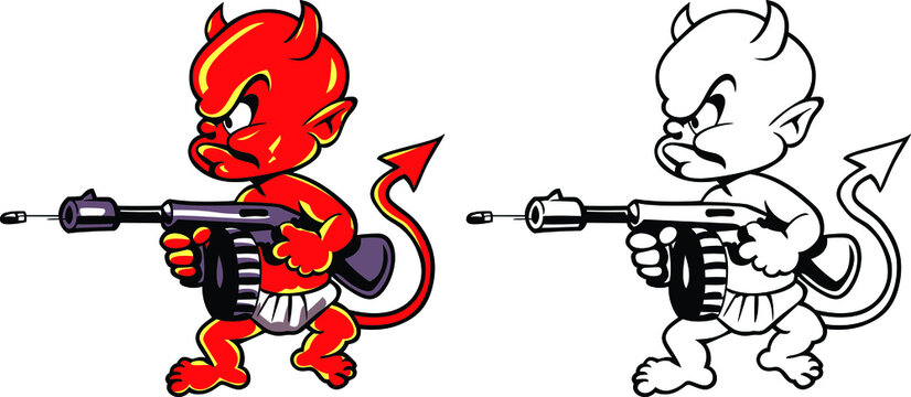 Little red devil with a gun. Vector drawing