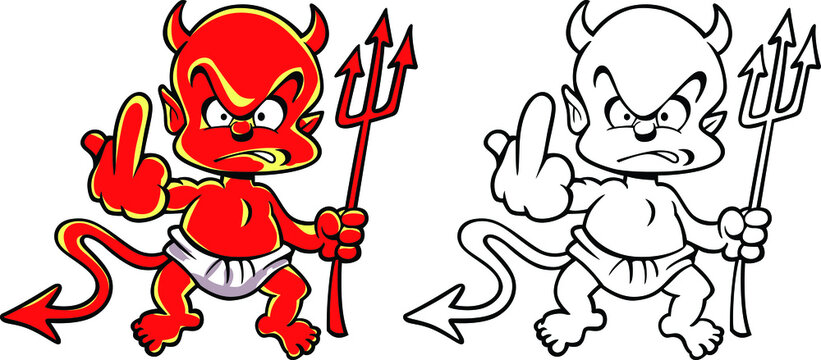 Little red ganster devil with fake gesture and trident. Vector drawing