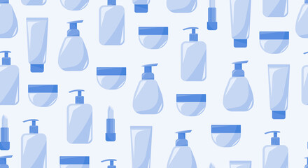 Monochrome seamless pattern of cosmetics products. Every day care for face and body. For print