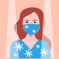 
Beautiful girl with a summer mask on vacation. Cartoon flat vector illustration. Summer quarantined vacation. Cute natural design. medical mask.