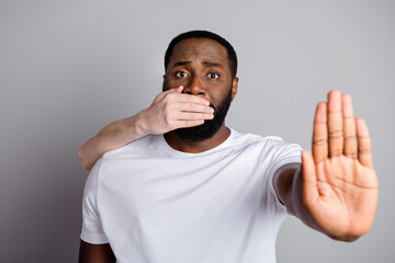 Photo of african american guy disenfranchised unfairly society shut up black race citizen pray stop...
