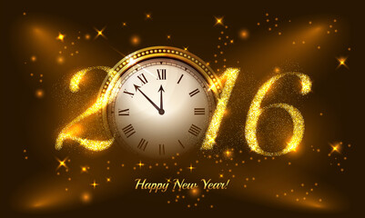 Gold glitter Vector 2016 Happy New Year background with gold clock.