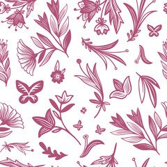 Fototapeta na wymiar Seamless vector pattern of ornamental pink silhouettes of abstract flowers in Gzhel style. The design is perfectly suitable for clothes design, decoration, stationary, sheets, wallpaper, backgrounds.