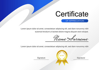 creative blue certificate of achievement template with gold badge vector design
