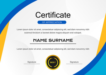 creative blue certificate of achievement template with gold badge vector design