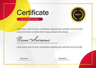 creative red certificate of achievement template with gold badge vector design