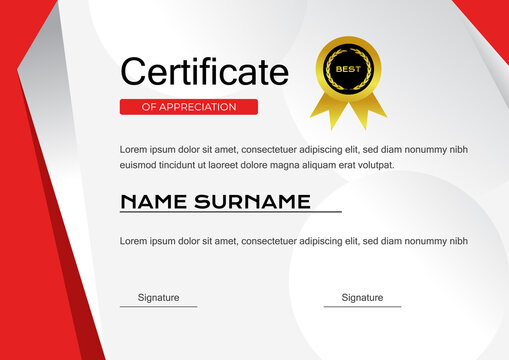 creative red certificate of achievement template with gold badge vector design