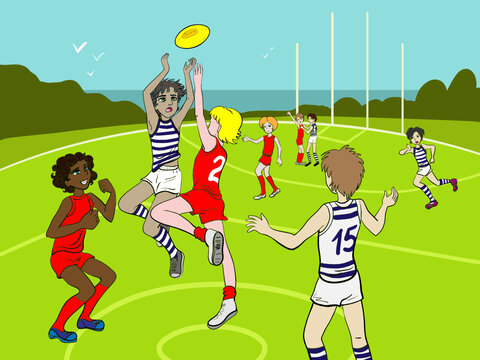 Cartoon style drawn vector isolated illustration of sporty kids playing australian rules football. Junior team. Aussie rules, footy, Gold Coast, Sidney, Melbourne, Geelong.