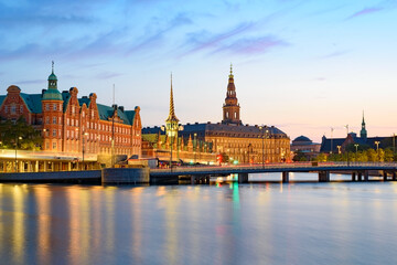 Fototapeta na wymiar COPENHAGEN, DENMARK - 10 JULY, 2019: City center in sunset light