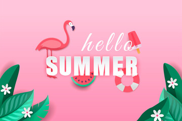 Hello summer with decoration pink paper and craft style. Watermelon, flemish - obrazy, fototapety, plakaty