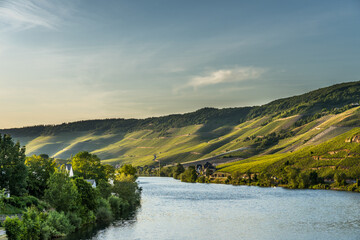 Moselle river valley landscape at the sunset in Germany, Bernkastel-Kues with sun gently touching green hillsides 