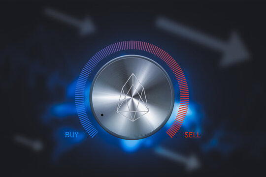 Eos Symbol. 3D Illustration of Blue Metallic eos Logo on the Blue Digital Background, indicating to buy