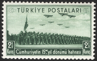 Republic of Turkey. Republic of Turkey postage stamp. Republic of Turkey historical stamp. A postage stamp printed in Republic of Turkey.