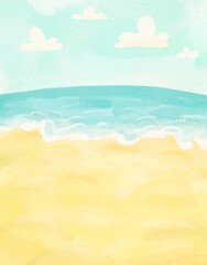 Fototapeta na wymiar watercolor beach background. Seascape. Summer tropical beach with golden sand and palmes. Hand drawn. High quality illustration