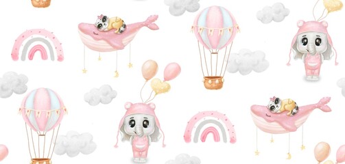 Watercolor pattern with cute baby animals for girls. raccoon, elephant, air ballon, rainbows , clouds.Texture for wallpaper, packaging, scrapbooking, textiles, fabrics, children's clothing. Hight