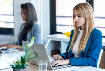 Two business women work with laptops on the partitioned desk in the coworking space. Concept of social distancing.
