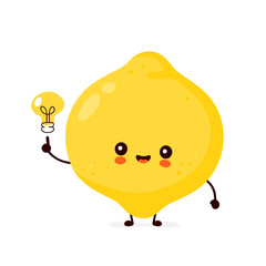 Cute happy funny lemon fruit with light bulb