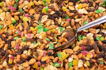 background of mixture of nuts and raisins
