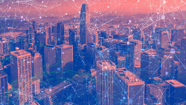Technology screen with abstract network patterns and downtown San Francisco skyscrapers - Powered by Adobe