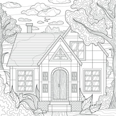 House among the trees
and plants. Nature.Coloring book antistress for children and adults. Illustration isolated on white background.Zen-tangle style.Black and white drawing.
