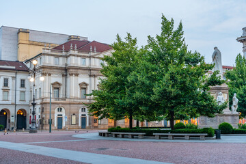 Sunset view of statue of Leonardo da Vinci in Milano, Italy