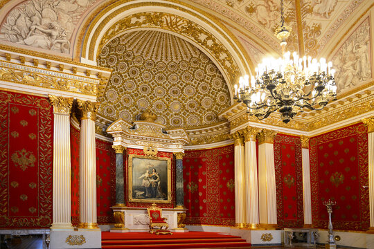Famous Small Throne Room of Winter Palace, also known as Peter Great Memorial Hall, was created for Tsar Nicholas I in 1833, by architect Auguste de Montferrand. Saint Petersburg, Russia