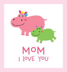 cute hippo i love you mom greeting vector