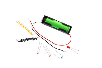 Electronic parts on isolated background, resistor, LED, li ion battery.