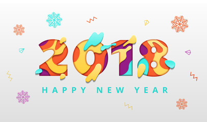 Fototapeta premium 2018 Happy New Year template with abstract paper cut style. Creative happy new year paper art and craft style. Colorful 3D carving art flyers, posters, brochure or voucher discount. Vector stock