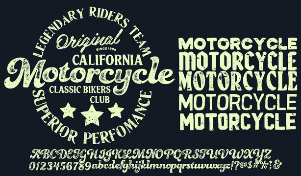 Motorcycle club community logo design.Decorative  vintage brush script lettering font. Letters, Numbers and Symbols. Vector Illustration.