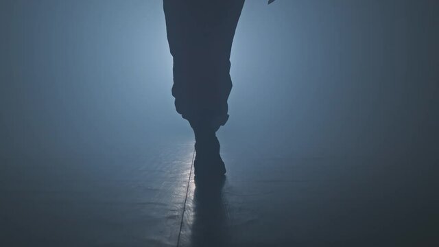 Silhouette of dancer legs walking through dark studio. Young woman entering the stage with smoke on background.Dancing female in 4K, UHD