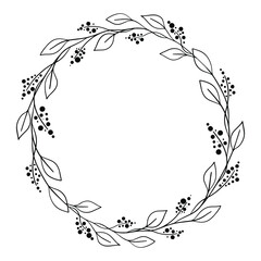 Branch frame vector. Hand drawn round wreath Ink black sketch frame illustration. Wedding invitation leaves and berries wreath. 